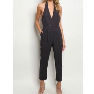 One Piece Halter V-Neck Dark Gray Chambray Jumpsuit Pantsuit